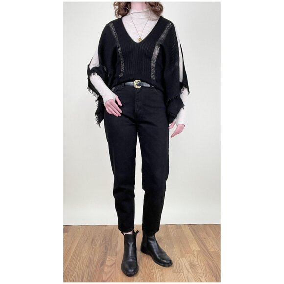 Vintage 90s Y2K French Open Knit Poncho Cape Sweater Boho Blouse Fringe Bohemian - Picture 6 of 11